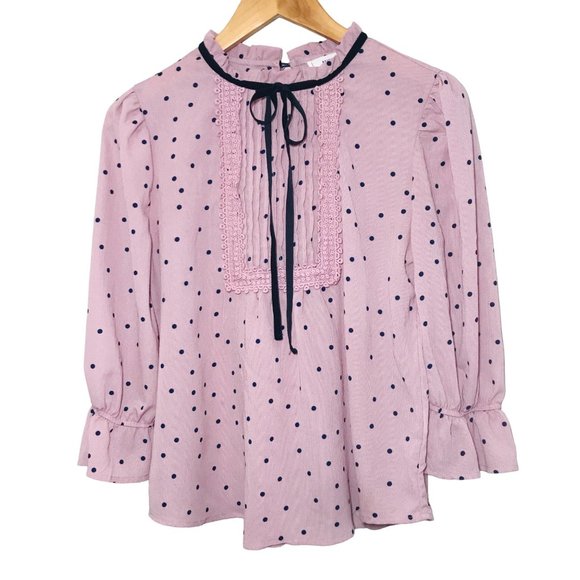 MINE Polka Dot Pleated Lace Tie Neck Blouse Size Medium - Picture 1 of 8